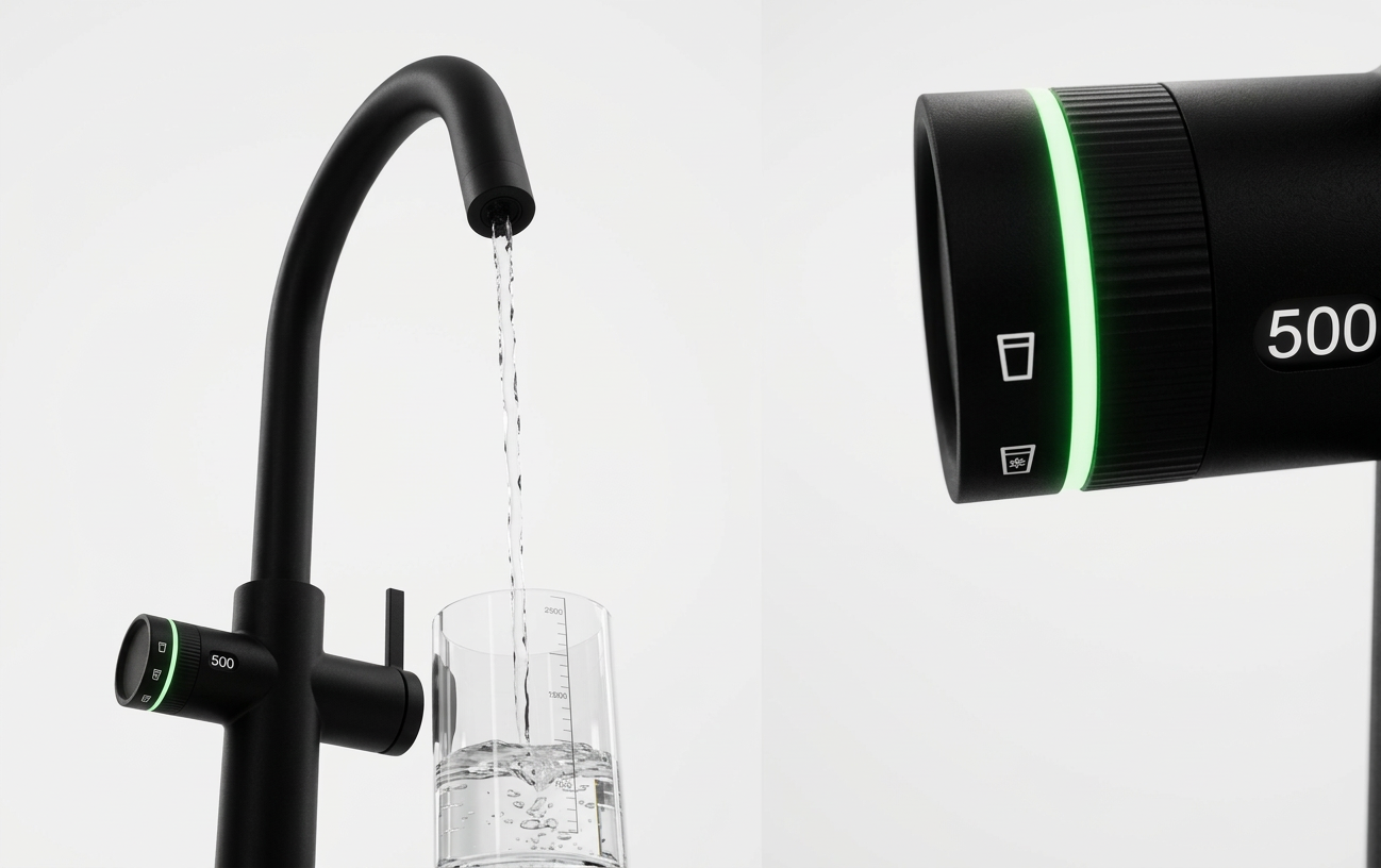 Czarna bateria EcoWater z inteligentnym sterowaniem - zbliżenie na pokrętło oraz dozowanie wody do szklanki